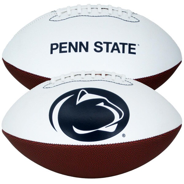 autograph football, half white with debossed Penn State and Athletic Logo, half brown pebble grain